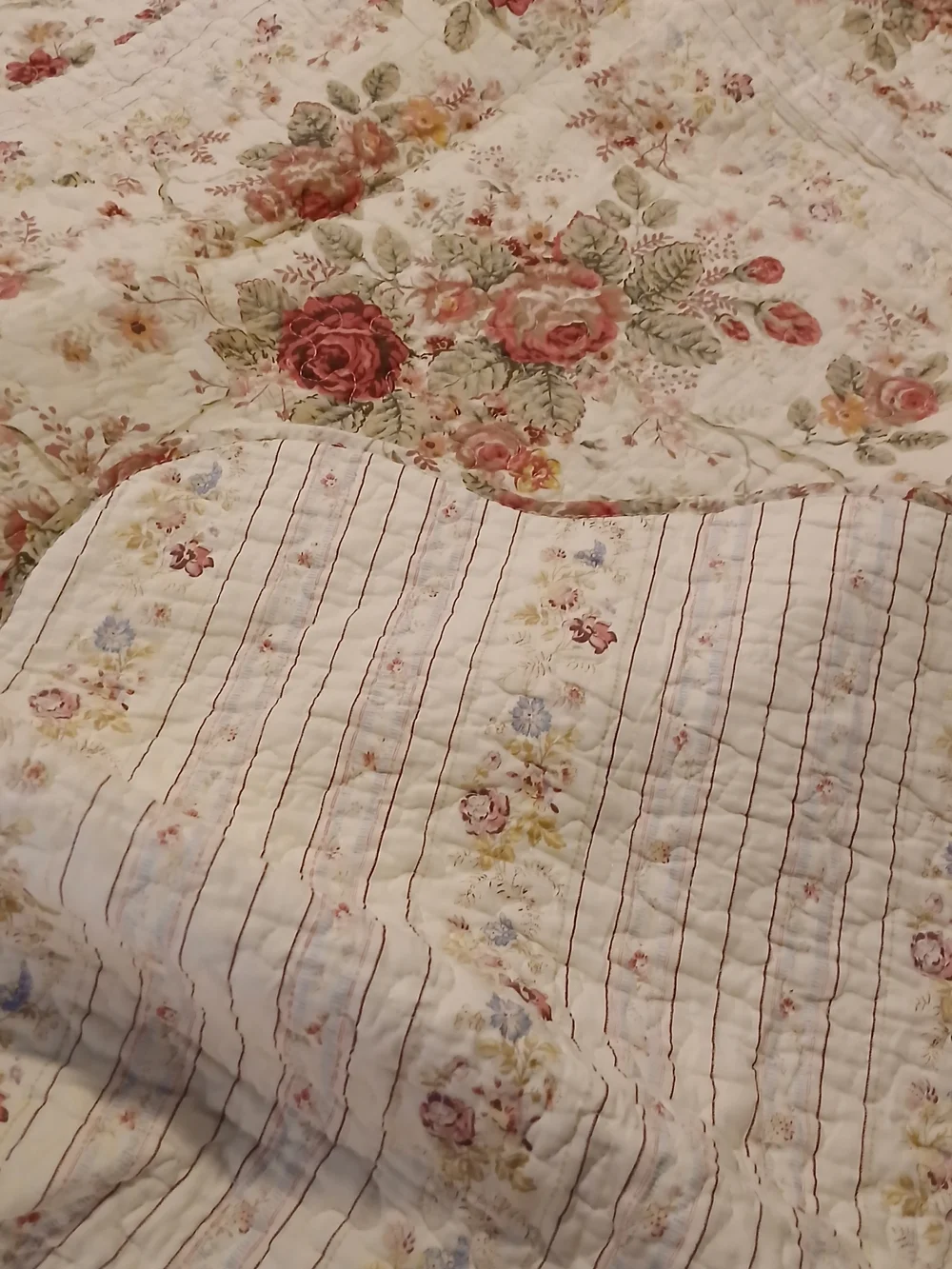 Floral Quilted Throw Blanket - Cream with Rose Accents